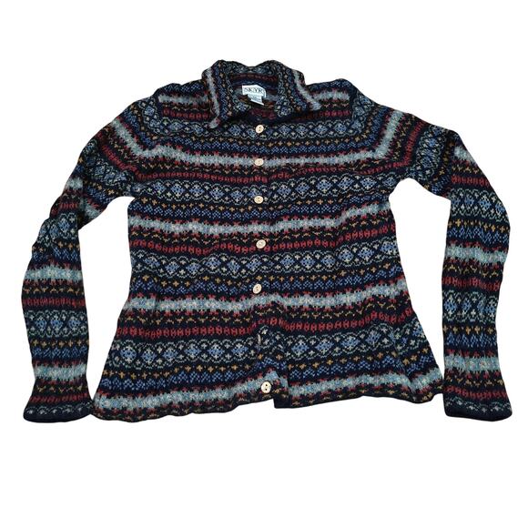 Vintage Skyr Fair Isle Button Front Cardigan Sweater Lambswool Stripe Collar PM - Picture 1 of 4